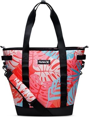 Hurley Coral Pink Tropical Leaf Tote with Black Accents